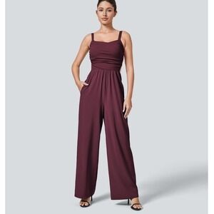 Halara Breezeful Lace Up Pocket Quick Dry Casual Jumpsuit Burgundy Wide Leg M